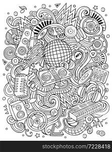 Cartoon vector doodles Disco music illustration. Line art, detailed, with lots of objects background. All objects separate. Sketchy musical funny picture. Cartoon vector doodles Disco music contour illustration
