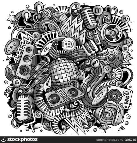 Cartoon vector doodles Disco music illustration. Monochrome detailed, with lots of objects background. All objects separate. Toned musical funny picture. Cartoon vector doodles Disco music illustration. Toned musical funny picture