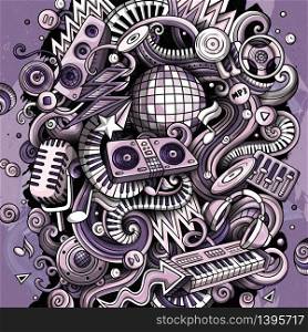 Cartoon vector doodles Disco music illustration. Monochrome detailed, with lots of objects background. All objects separate. Toned musical funny picture. Cartoon vector doodles Disco music illustration. Toned musical funny picture