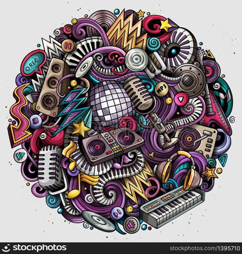 Cartoon vector doodles Disco music round illustration. Colorful, detailed, with lots of objects background. All objects separate. Bright colors musical funny picture. Cartoon vector doodles Disco music illustration