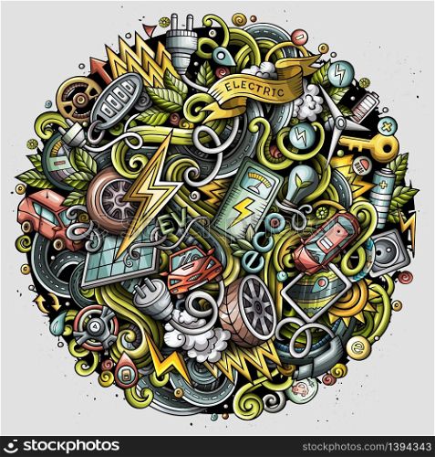 Cartoon vector doodles Electric cars illustration. Colorful, detailed, with lots of objects background. All objects separate. Bright colors funny round picture. Cartoon vector doodles Electric cars illustration