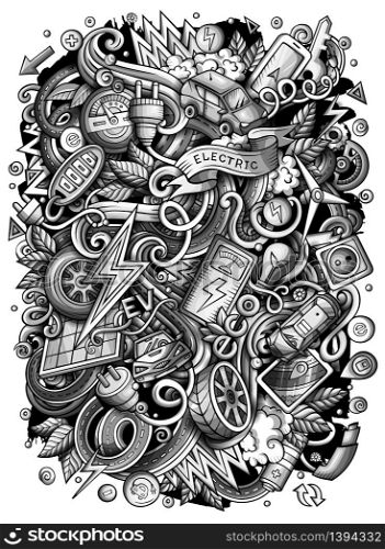 Cartoon vector doodles Electric cars illustration. Monochrome, detailed, with lots of objects background. All objects separate. Toned funny picture. Cartoon vector doodles Electric cars illustration. Toned funny picture