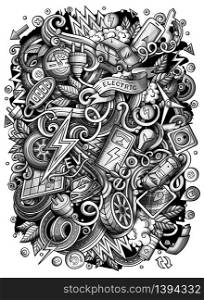 Cartoon vector doodles Electric cars illustration. Monochrome, detailed, with lots of objects background. All objects separate. Toned funny picture. Cartoon vector doodles Electric cars illustration. Toned funny picture