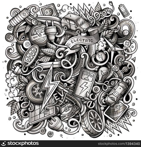 Cartoon vector doodles Electric cars illustration. Monochrome, detailed, with lots of objects background. All objects separate. Toned funny picture. Cartoon vector doodles Electric cars illustration