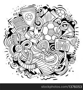 Cartoon vector doodles Football illustration. Line art, detailed, with lots of objects background. All objects separate. Sketchy Soccer funny picture. Cartoon vector doodles Football illustration