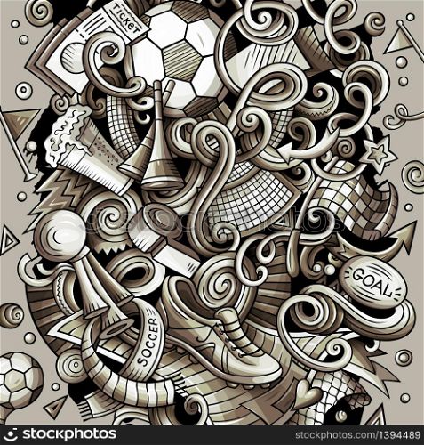 Cartoon vector doodles Football illustration. Monochrome, detailed, with lots of objects background. All objects separate. Toned Soccer funny picture. Cartoon vector doodles Football illustration
