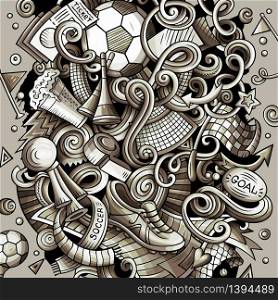 Cartoon vector doodles Football illustration. Monochrome, detailed, with lots of objects background. All objects separate. Toned Soccer funny picture. Cartoon vector doodles Football illustration