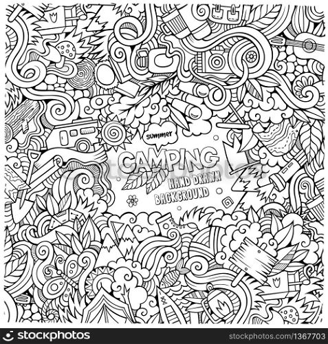 Cartoon vector doodles hand drawn Camping frame background. Cartoon Camping frame background