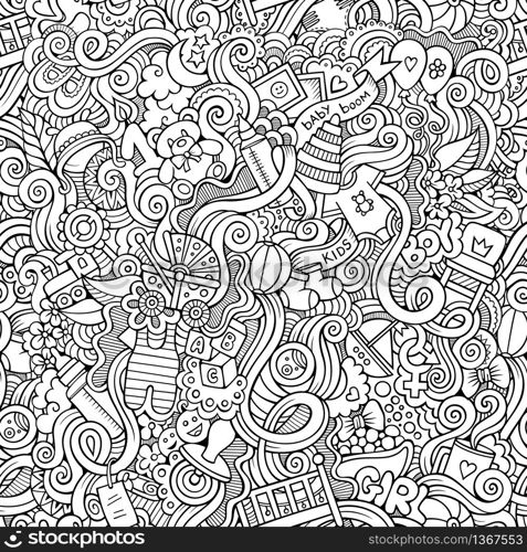 Cartoon vector doodles hand drawn children seamless pattern. Cartoon vector doodle children seamless pattern