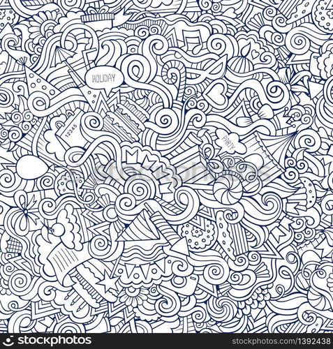 Cartoon vector doodles hand drawn contour holidays seamless pattern. doodles hand drawn holiday seamless pattern