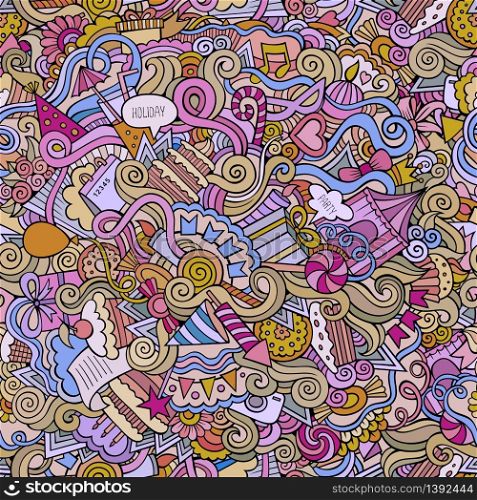 Cartoon vector doodles hand drawn holiday seamless pattern. Holiday seamless pattern