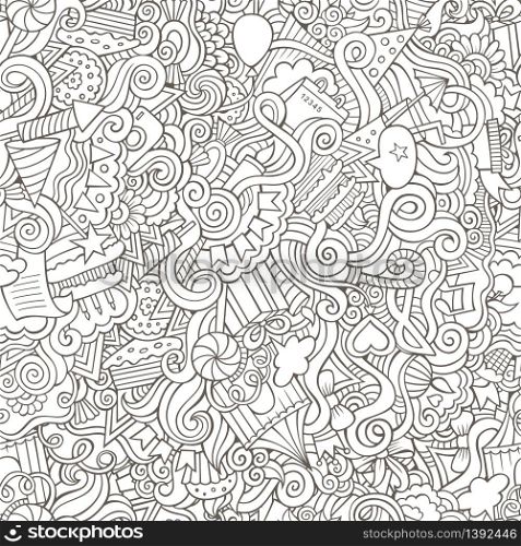 Cartoon vector doodles hand drawn holiday seamless pattern. Holiday seamless pattern