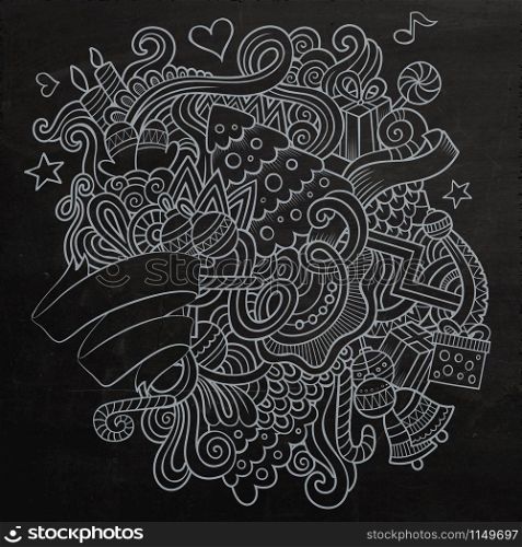 Cartoon vector doodles hand drawn New Year sketch chalkboard background