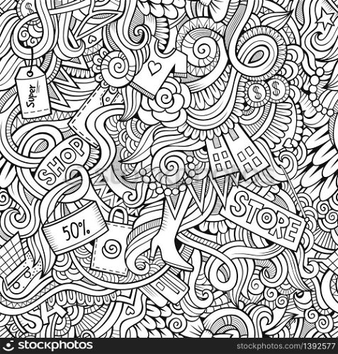 Cartoon vector doodles hand drawn sale shopping seamless pattern. hand drawn sale shopping seamless pattern