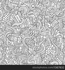 Cartoon vector doodles hand drawn town. seamless pattern