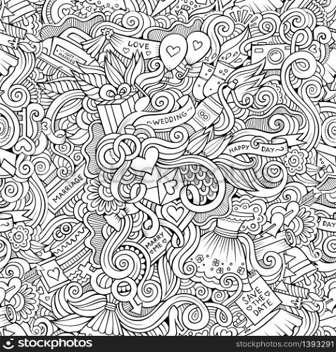 Cartoon vector doodles hand drawn wedding seamless pattern. Cartoon doodles wedding seamless pattern