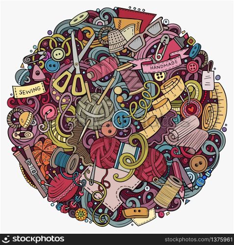 Cartoon vector doodles Handmade illustration. Colorful, detailed, with lots of objects background. All objects separate. Bright colors Hand made funny round picture. Cartoon vector doodles Handmade illustration