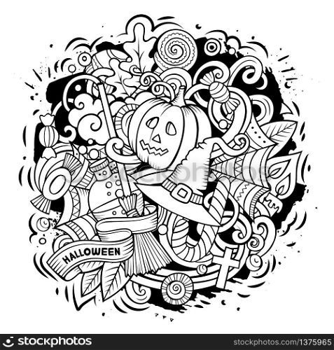 Cartoon vector doodles Happy Halloween illustration. CLine art, detailed, with lots of objects background. All objects separate. Sketchy funny round picture. Cartoon vector doodles Happy Halloween illustration