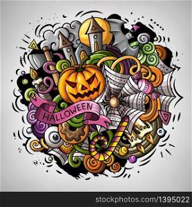 Cartoon vector doodles Happy Halloween illustration. Colorful, detailed, with lots of objects background. All objects separate. Bright colors funny round picture. Cartoon vector doodles Happy Halloween illustration