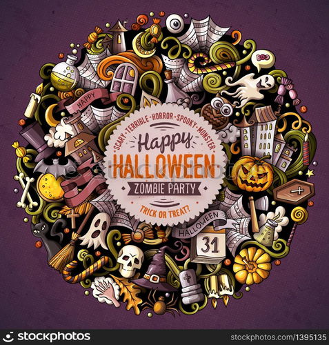 Cartoon vector doodles Happy Halloween illustration. Colorful, detailed, with lots of objects background. All objects separate. Bright colors funny round picture. Cartoon vector doodles Happy Halloween illustration