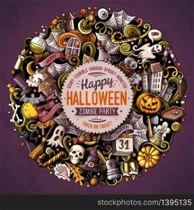 Cartoon vector doodles Happy Halloween illustration. Colorful, detailed, with lots of objects background. All objects separate. Bright colors funny round picture. Cartoon vector doodles Happy Halloween illustration