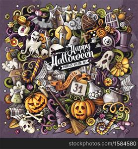 Cartoon vector doodles Happy Halloween illustration. Colorful, detailed, with lots of objects background. All objects separate. Bright colors funny picture. Cartoon vector doodles Happy Halloween illustration