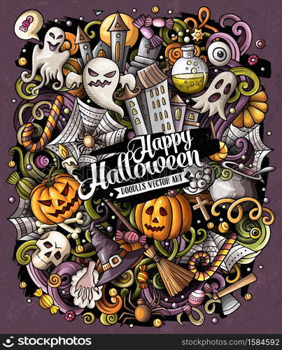 Cartoon vector doodles Happy Halloween illustration. Colorful, detailed, with lots of objects background. All objects separate. Bright colors funny picture. Cartoon vector doodles Happy Halloween illustration