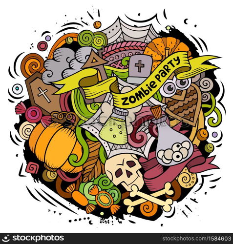 Cartoon vector doodles Happy Halloween illustration. Colorful, detailed, with lots of objects background. All objects separate. Bright colors funny picture. Cartoon vector doodles Happy Halloween illustration.