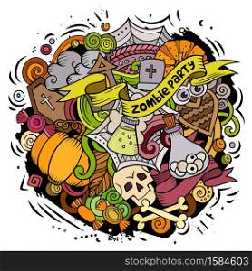 Cartoon vector doodles Happy Halloween illustration. Colorful, detailed, with lots of objects background. All objects separate. Bright colors funny picture. Cartoon vector doodles Happy Halloween illustration.