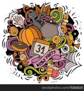 Cartoon vector doodles Happy Halloween illustration. Colorful, detailed, with lots of objects background. All objects separate. Bright colors funny picture. Cartoon vector doodles Happy Halloween illustration.