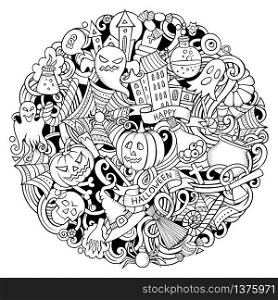 Cartoon vector doodles Happy Halloween illustration. Line art, detailed, with lots of objects background. All objects separate. Outline funny round picture. Cartoon vector doodles Happy Halloween illustration