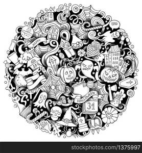 Cartoon vector doodles Happy Halloween illustration. Line art, detailed, with lots of objects background. All objects separate. Outline funny round picture. Cartoon vector doodles Happy Halloween illustration. Outline funny round picture