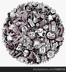 Cartoon vector doodles Happy Halloween illustration. Monochrome, detailed, with lots of objects background. All objects separate. Toned funny round picture. Cartoon vector doodles Happy Halloween illustration. Toned funny round picture