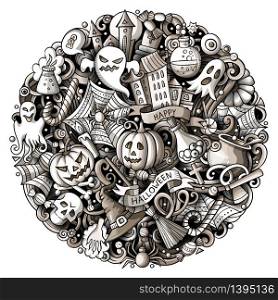 Cartoon vector doodles Happy Halloween illustration. Monochrome, detailed, with lots of objects background. All objects separate. Toned funny round picture. Cartoon vector doodles Happy Halloween illustration. Toned funny round picture