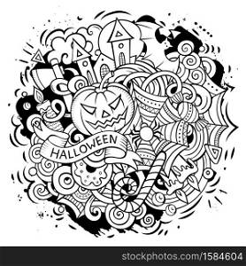 Cartoon vector doodles Happy Halloween illustration. Sketchy, detailed, with lots of objects background. All objects separate. Bright colors funny picture. Cartoon vector doodles Happy Halloween illustration.