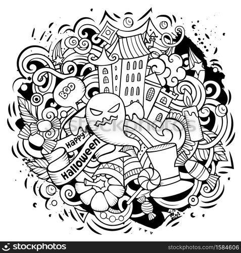 Cartoon vector doodles Happy Halloween illustration. Sketchy, detailed, with lots of objects background. All objects separate. Bright colors funny picture. Cartoon vector doodles Happy Halloween illustration.