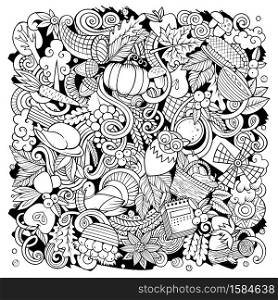 Cartoon vector doodles Happy Thanksgiving Day illustration. Sketchy, detailed, with lots of objects background. All objects separate. Line art funny picture. Cartoon vector doodles Happy Thanksgiving Day illustration