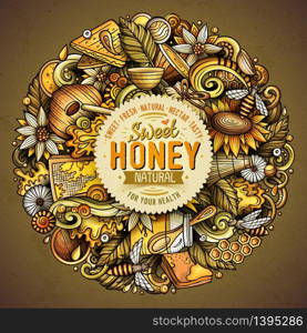 Cartoon vector doodles Honey illustration. Colorful, detailed, with lots of objects background. All objects separate. Bright colors sweet funny round picture. Cartoon vector doodles Honey illustration