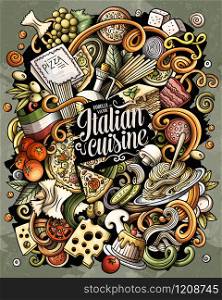 Cartoon vector doodles Italian Food illustration. Colorful, detailed, with lots of objects background. All objects separate. Bright colors Italy cuisine funny picture. Cartoon vector doodles Italian Food funny illustration
