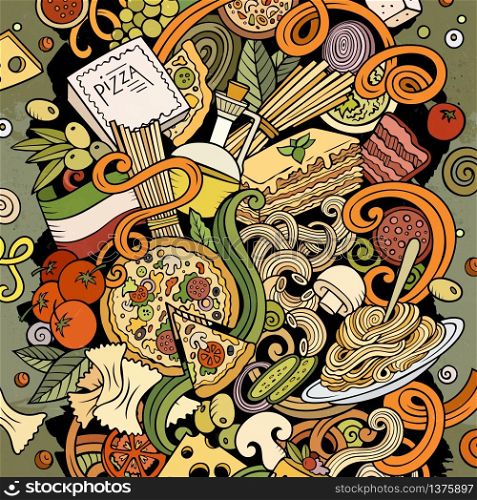 Cartoon vector doodles Italian Food illustration. Colorful, detailed, with lots of objects background. All objects separate. Bright colors Italy cuisine funny picture. Cartoon color vector doodles Italian Food illustration