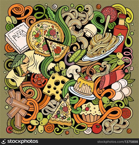 Cartoon vector doodles Italian Food illustration. Colorful, detailed, with lots of objects background. All objects separate. Bright colors Italy cuisine funny picture. Cartoon color vector doodles Italian Food illustration