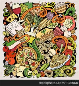 Cartoon vector doodles Italian Food illustration. Colorful, detailed, with lots of objects background. All objects separate. Bright colors Italy cuisine funny picture. Cartoon vector doodles Italian Food illustration