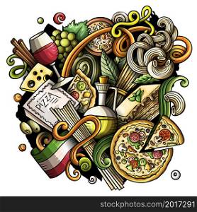 Cartoon vector doodles Italian Food illustration. Colorful, detailed, with lots of objects background. All objects separate. Bright colors Italy cuisine funny picture. Cartoon vector doodles Italian Food funny illustration