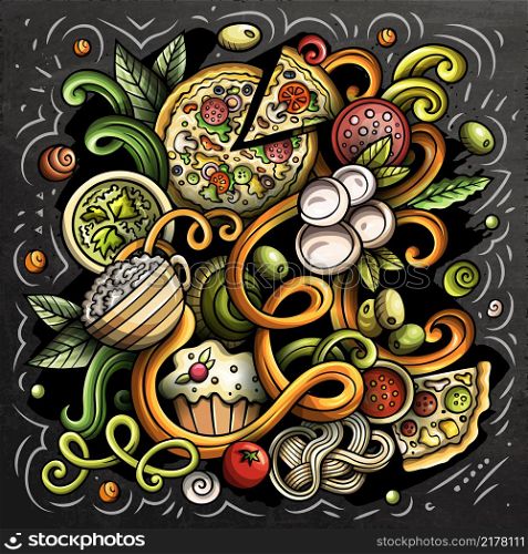 Cartoon vector doodles Italian Food illustration. Colorful, detailed, with lots of objects background. All objects separate. Chalkboard Italy cuisine funny picture. Cartoon vector doodles Italian Food funny illustration