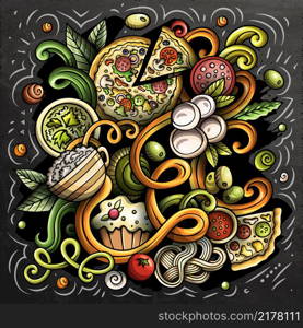 Cartoon vector doodles Italian Food illustration. Colorful, detailed, with lots of objects background. All objects separate. Chalkboard Italy cuisine funny picture. Cartoon vector doodles Italian Food funny illustration