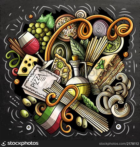 Cartoon vector doodles Italian Food illustration. Colorful, detailed, with lots of objects background. All objects separate. Chalkboard Italy cuisine funny picture. Cartoon vector doodles Italian Food funny illustration