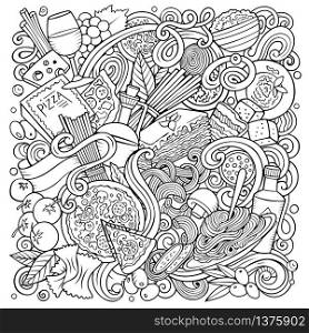 Cartoon vector doodles Italian Food illustration. Line art, detailed, with lots of objects background. All objects separate. Sketchy Italy cuisine funny picture. Cartoon vector doodles Italian Food illustration