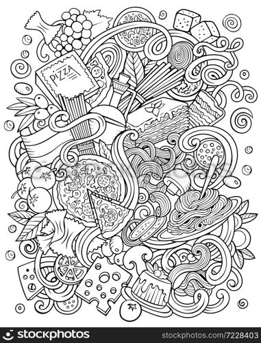 Cartoon vector doodles Italian Food illustration. Line art, detailed, with lots of objects background. All objects separate. Sketchy Italy cuisine funny picture. Cartoon vector sketchy doodles Italian Food illustration