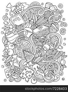 Cartoon vector doodles Italian Food illustration. Line art, detailed, with lots of objects background. All objects separate. Sketchy Italy cuisine funny picture. Cartoon vector sketchy doodles Italian Food illustration