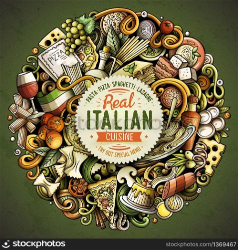 Cartoon vector doodles Italian Food round illustration. Colorful, detailed, with lots of objects background. All objects separate. Bright colors Italy cuisine funny picture. Cartoon vector doodles Italian Food illustration